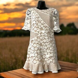 Lulu's Ivory Lace Mini Dress with Ruffle Hem